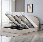VALENTINA DOUBLE STORAGE BED WITH SOMMIER  IN BEIGE BOUCLE FABRIC . MEASUREMENT 180X200.