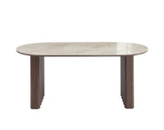 ROME DINING TABLE WITH WALNUT EFFECT LEGS AND A SHAKESPEARE CERAMIC TOP. MEASUREMENT 180X90X75CM.