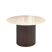 BAIETA ROUND DINING TABLE WITH WALNUT-EFFECT LEGS AND A GLOSSY TRAVERTINE CERAMIC TOP. MEASURING 120X75CM