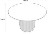 BAIETA ROUND DINING TABLE WITH WALNUT-EFFECT LEGS AND A GLOSSY TRAVERTINE CERAMIC TOP. MEASURING 120X75CM