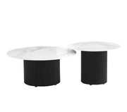BAIETA COFFEE TABLE SET WITH BLACK METAL LEGS AND WHITE MARBLE LOOK CERAMIC TOPS. MEASUREMENT 80X39CM + 60X46CM