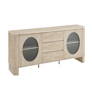 A LIGHT OAK SIDEBOARD WITH ROUNDED CORNERS , ARCHED DRAK-GLASS DOORS , CENTRAL DRAWERS AND A MINIMALIST DESIGN. MEASUREMENT 180X40X85CM