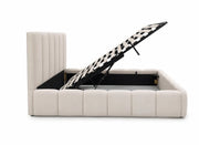 A BEIGE COLORED BED WITH SOMMIER AND GIVING AN ELEGANT LOOK . MEASUREMENT 160X200CM