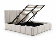 A BEIGE COLORED BED WITH SOMMIER AND GIVING AN ELEGANT LOOK . MEASUREMENT 160X200CM