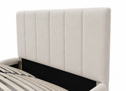 A BEIGE COLORED BED WITH SOMMIER AND GIVING AN ELEGANT LOOK . MEASUREMENT 160X200CM