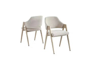 A modern armchair with a cream upholstered seat and back, BEIGE wooden frame, tapered legs, and sculptural open arms.