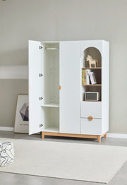 WARDROBE IN WHITE WITH WALNUT WITH TWO LARGE STORAGE DOORS , OPEN ARCHED SHELVING AND A LOWER DRAWERS.MEASUREMENT 120X54X186CM