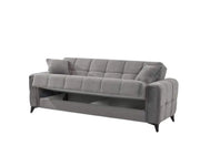 A MODREN GREY UPHOLSTERED SOFA SET CONSISTING OF 3 SEATER (225X85CM) 2 SEATER (160X85CM) 1 SEATER (95X85CM). IT FEATURED A SOFT FABRIC FINISH, TUFTED CUSHIONS , WIDE ARMRESTS, AND STURDY BLACK LEGS, GIVING IT A STYLISH AND COMFORTABLE LOOK.