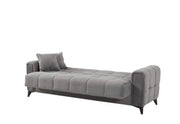 A MODREN GREY UPHOLSTERED SOFA SET CONSISTING OF 3 SEATER (225X85CM) 2 SEATER (160X85CM) 1 SEATER (95X85CM). IT FEATURED A SOFT FABRIC FINISH, TUFTED CUSHIONS , WIDE ARMRESTS, AND STURDY BLACK LEGS, GIVING IT A STYLISH AND COMFORTABLE LOOK.