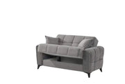 A MODREN GREY UPHOLSTERED SOFA SET CONSISTING OF 3 SEATER (225X85CM) 2 SEATER (160X85CM) 1 SEATER (95X85CM). IT FEATURED A SOFT FABRIC FINISH, TUFTED CUSHIONS , WIDE ARMRESTS, AND STURDY BLACK LEGS, GIVING IT A STYLISH AND COMFORTABLE LOOK.