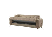 A MODREN BEIGE UPHOLSTERED SOFA SET CONSISTING OF 3 SEATER (225X85CM) 2 SEATER (160X85CM) 1 SEATER (95X85CM). IT FEATURED A SOFT FABRIC FINISH, TUFTED CUSHIONS , WIDE ARMRESTS, AND STURDY BLACK LEGS, GIVING IT A STYLISH AND COMFORTABLE LOOK.