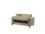 A MODREN BEIGE UPHOLSTERED SOFA SET CONSISTING OF 3 SEATER (225X85CM) 2 SEATER (160X85CM) 1 SEATER (95X85CM). IT FEATURED A SOFT FABRIC FINISH, TUFTED CUSHIONS , WIDE ARMRESTS, AND STURDY BLACK LEGS, GIVING IT A STYLISH AND COMFORTABLE LOOK.