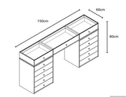AN ELEGANT DRESSING TABLE WITH GLASS AND WHITE FINISH INCLUDES 13 DRAWERS. MEASUREMENT 150X60X80CM