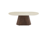 OURLET COFFEE TABLE IN WALNUT EFFECT LEGS WITH MATTE TRAVERTINE CERAMIC TABLE TOP . MEASUREMENT 120X60X45CM
