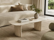 TINA COFFEE TABLE IN TRAVERTINE EFFECT LEGS WITH MATTE TRAVERTINE CERAMIC TABLETOP . MEASUREMENT 120X60X45CM