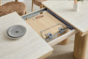 CAMELIA EXTENDABLE DINING TABLE - TRAVERTINE CERAMIC TABLETOP , BEECH EFFECT MDF BASE . MEASUREMENT 160/200X90X75CM