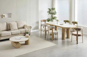 CAMELIA EXTENDABLE DINING TABLE - TRAVERTINE CERAMIC TABLETOP , BEECH EFFECT MDF BASE . MEASUREMENT 160/200X90X75CM