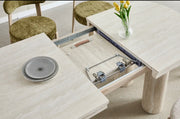 CAMELIA EXTENDABLE DINING TABLE WITH TRAVERTINE CERAMIC TABLETOP WITH MDF BASE . MEASUREMENT 160/200X90X75CM