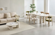 CAMELIA EXTENDABLE DINING TABLE WITH TRAVERTINE CERAMIC TABLETOP WITH MDF BASE . MEASUREMENT 160/200X90X75CM