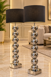 A LUXURY SILVER , BLACK AND MARRON FLOOR LAMPS SAME LAMPSHADES . MEASUREMENT 170CM